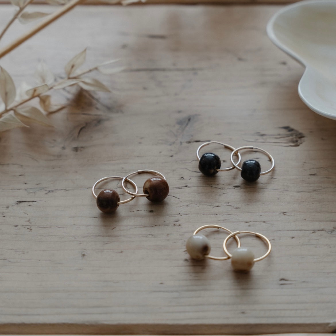 Horn Bead, Hoop Earrings- Gold