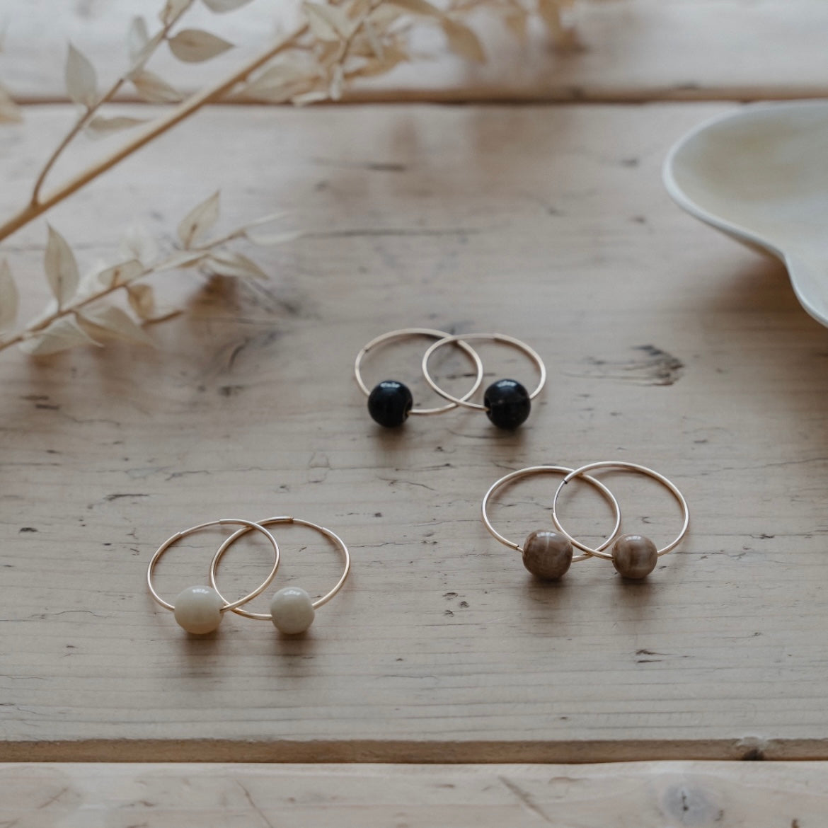 Horn Bead, Hoop Earrings- Gold