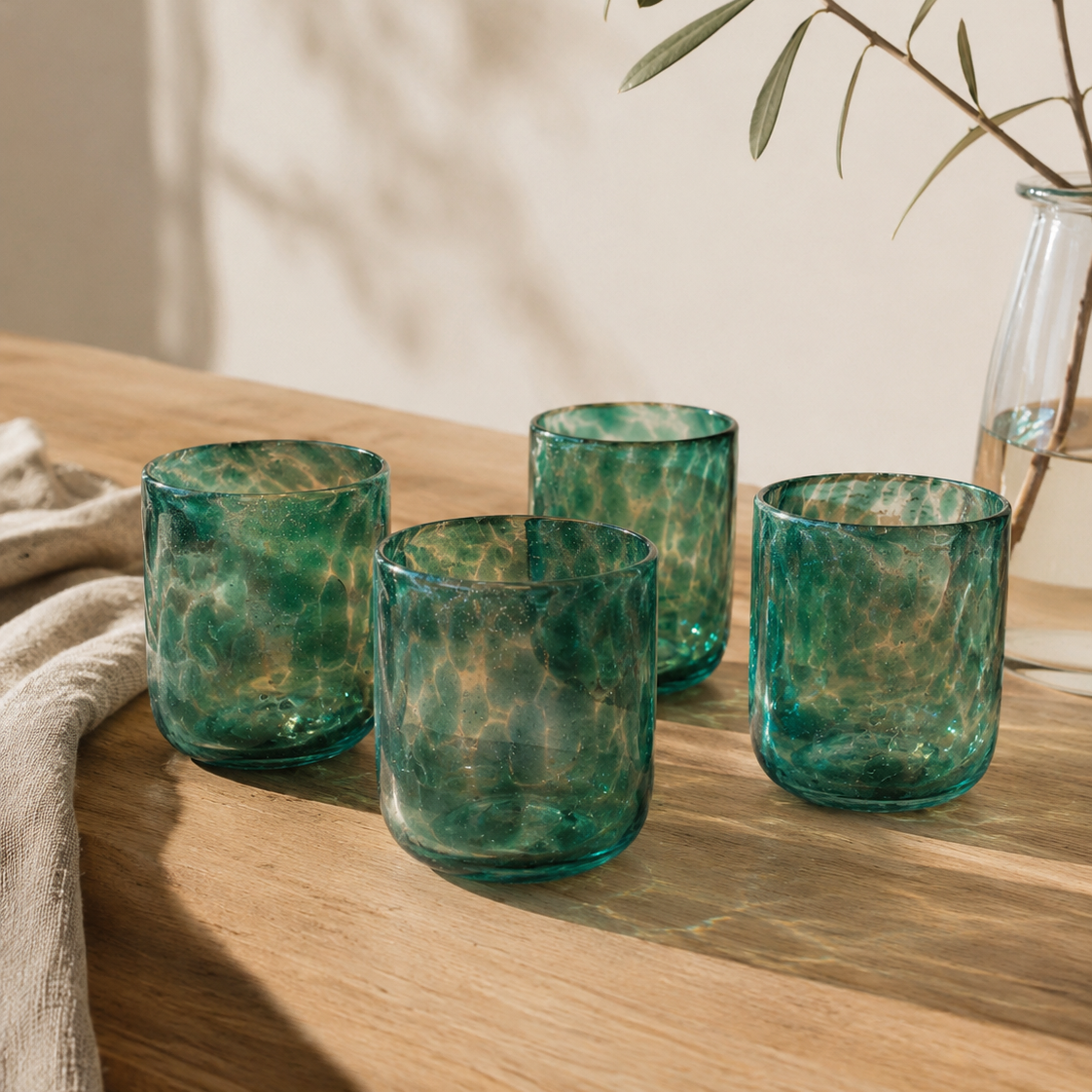 Straight Glass Tumblers | Green Dotted | Set Of 4