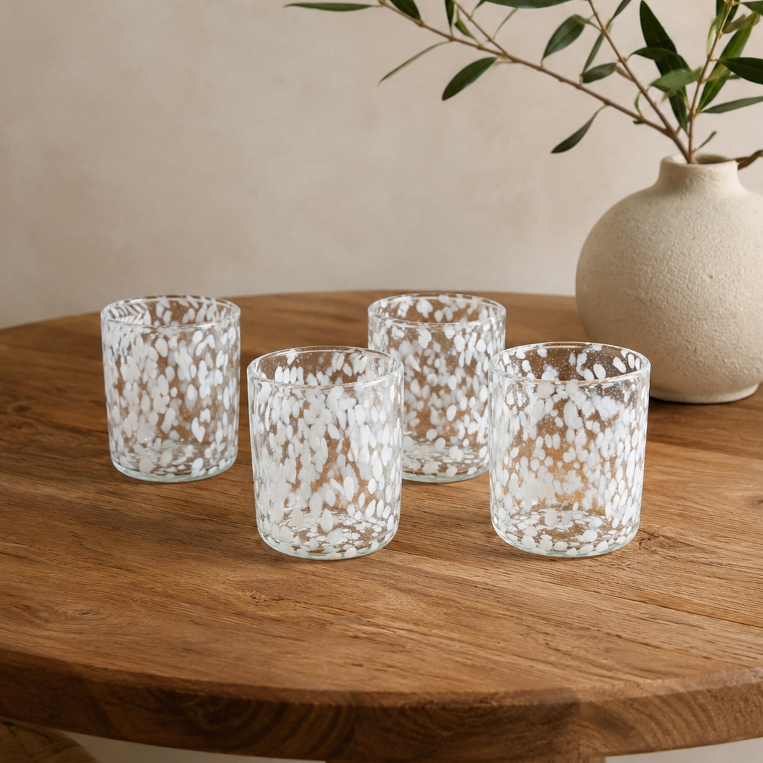Straight Glass Tumblers | White Dotted | Set Of 4