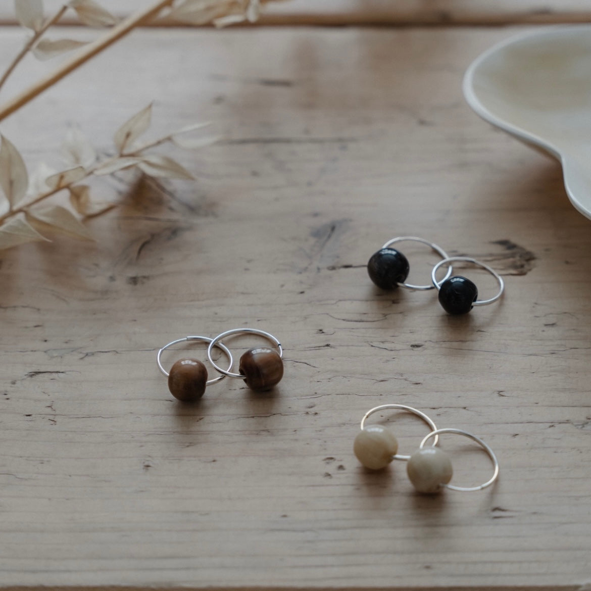 Horn Bead, Hoop Earrings- Silver