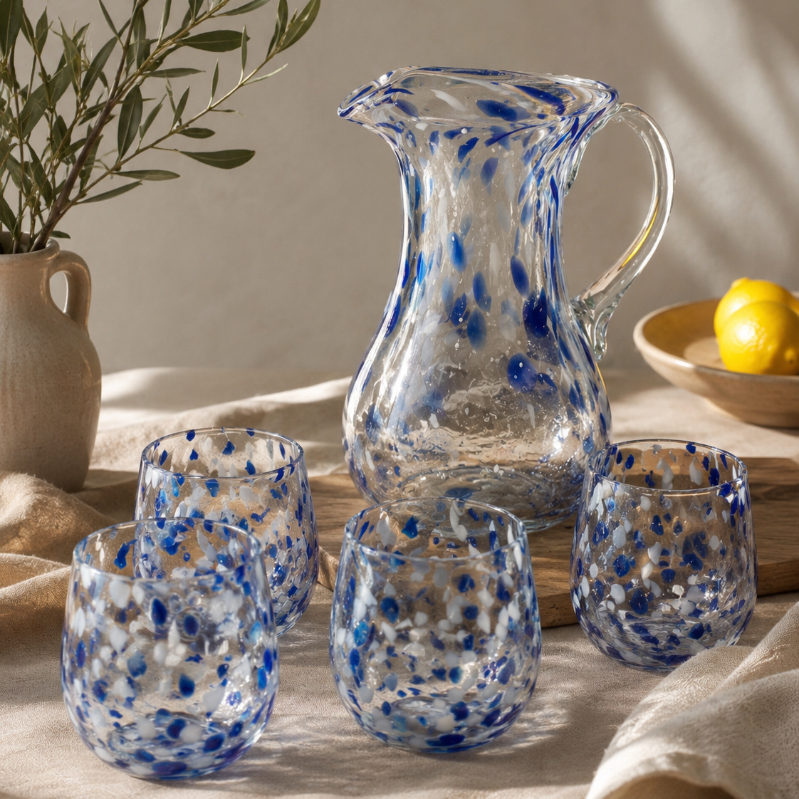 Round Glass Tumblers | Blue & White Dotted | Set Of 4