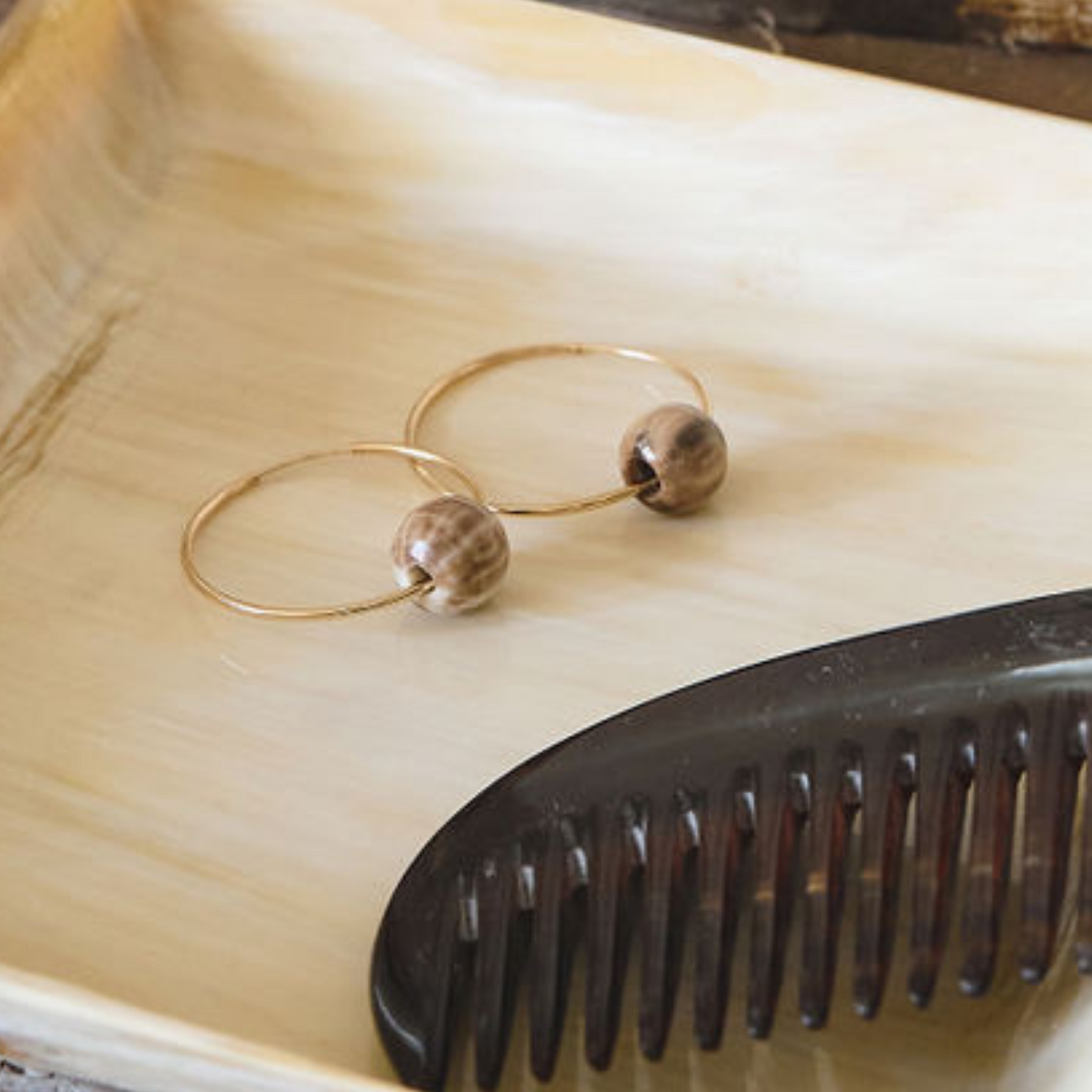 Horn Bead, Hoop Earrings- Gold